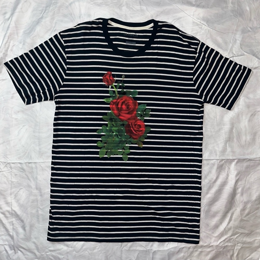 Men's Black Striped Tee with Red Rose Design